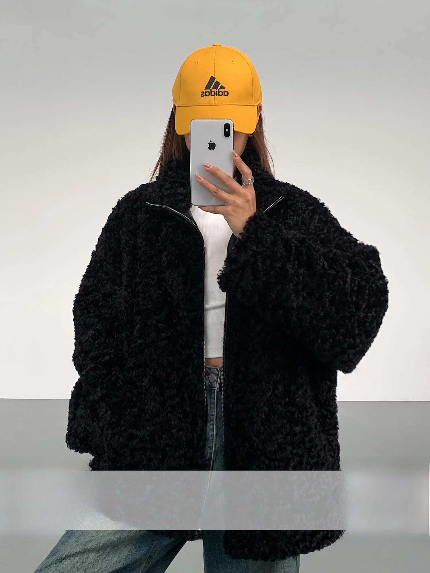 

Ousph женская куртка из меха ягненка с воротником-стойкой, свободная меховая верхняя одежда из натуральной кожи и меха, хлопковый сэндвич Street Sle