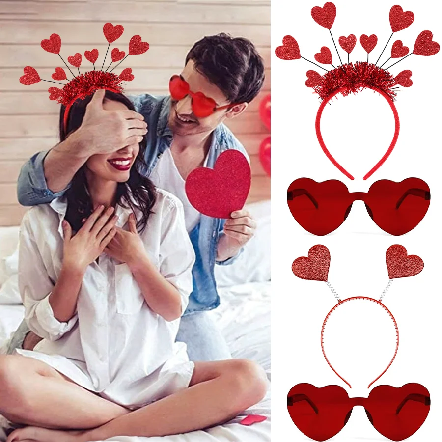 Valentines Day Heart Headband and Sunglasses Costume Set - Red Cute Headband Head Bopper Wedding Holiday Hair Accessory Props
