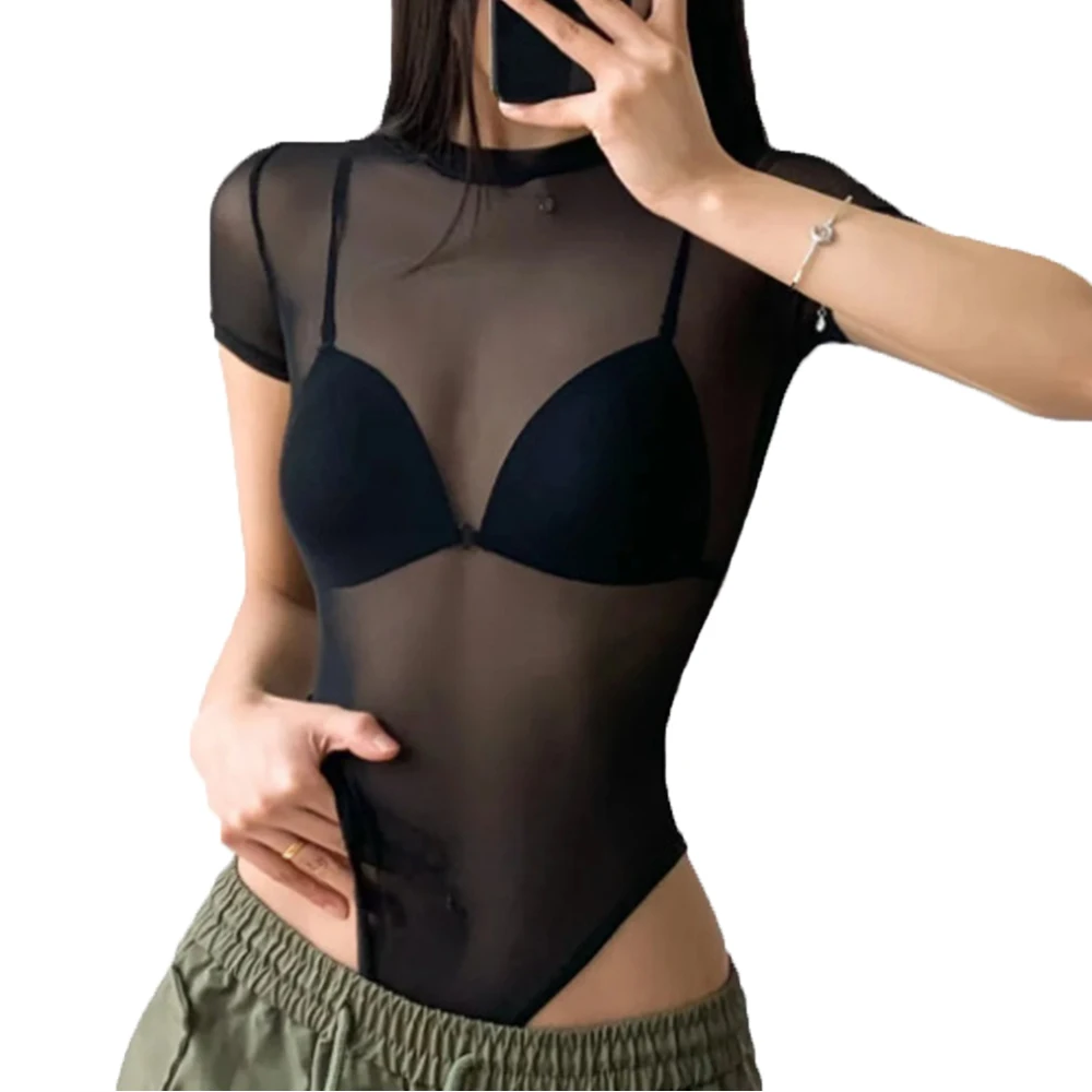 Women Summer Sexy O Neck Jumpsuit Slim Fit Transparent Mesh Sheer Romper Short Sleeve Bodycon Skinny Overall Pure Color Playsuit