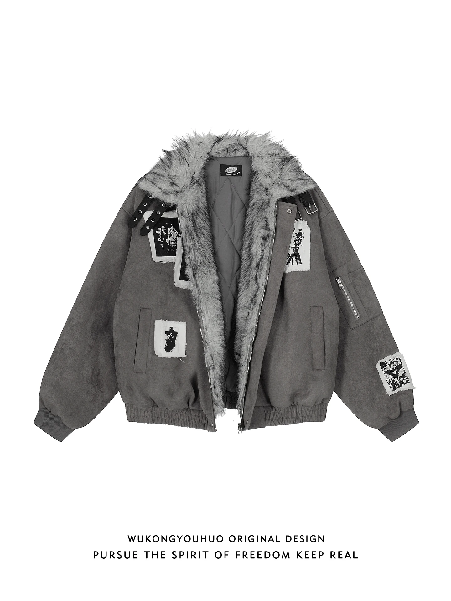 

Warm Thiened Cotton Jaet for Men with Fur Collar American Sle Mountain Eagle Loose Fit Versatile Winter Outerwear