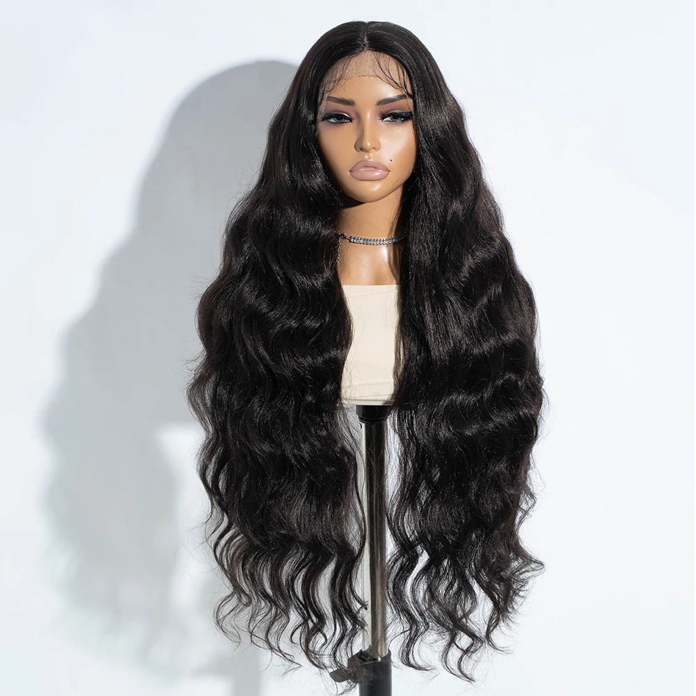 32 Inch Natural Black Body Wave Lace Front Wig for Women Heat-Resistant Synthetic Fiber Elegant Hair Wig