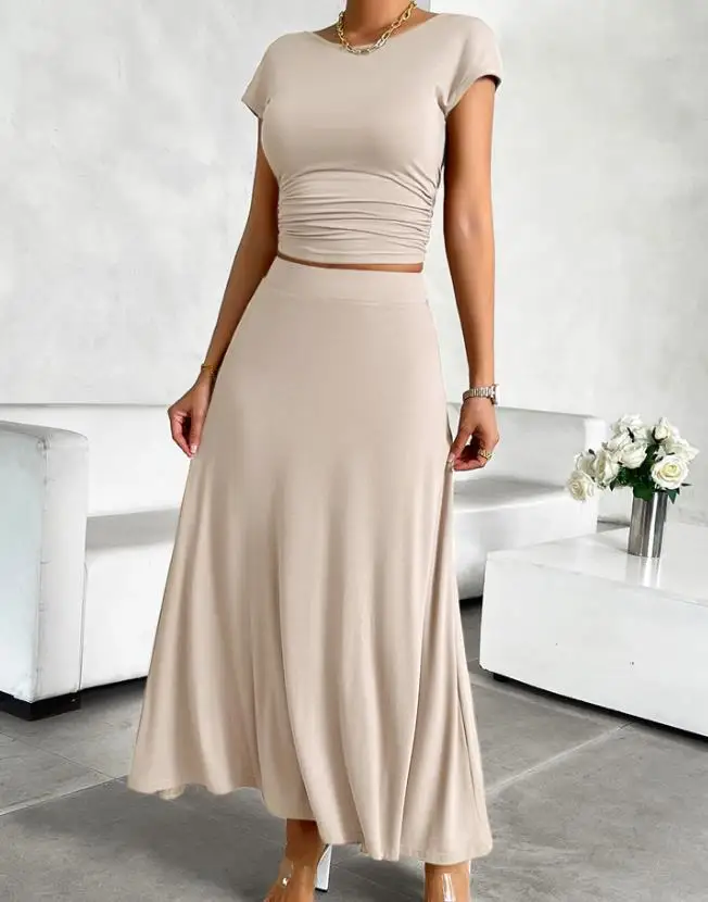 

2026 Spring/Summer New Women's Fashion Casual Short Sleeve Slimming Solid Color Short Sleeve Skirt Set for Women