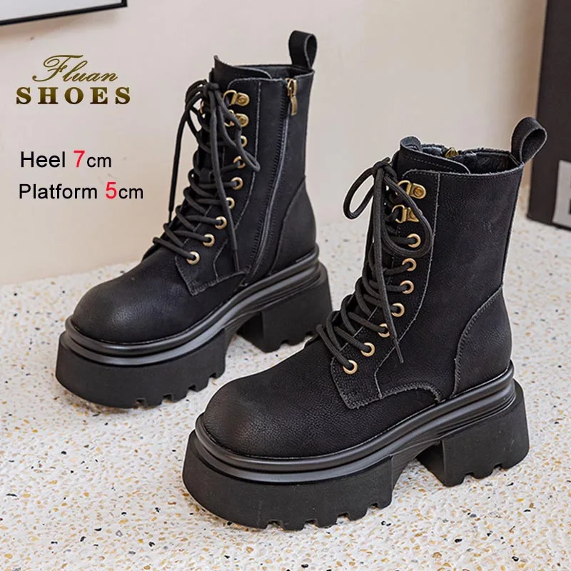 

Новые осенние женские одинарные туфли, мотоциклетные ботинки, полусапожки из натуральной кожи на толстой подошве 7 см, новые зимние ботильоны с добавлением плюша, теплые ботильоны