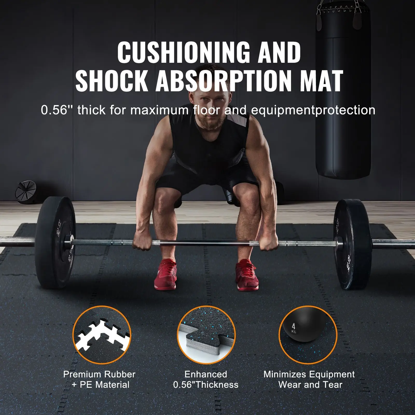 0.56 Inch Thick Gym Floor Mats, 12 Tiles Rubber Top with EVA Foam, 25