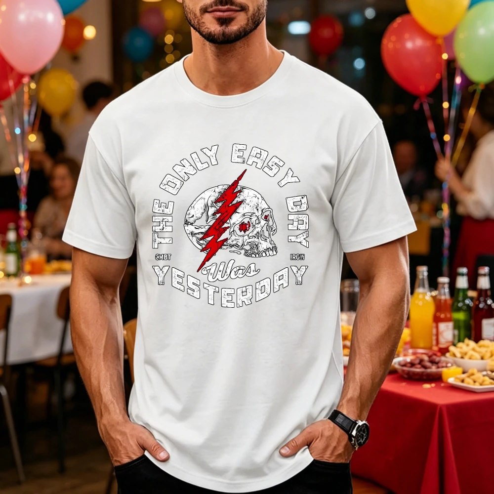 Vintage Skull Lightning The Only Easy Day Was Yesterday Print Men Short Sleeve T Shirt Motivational Veteran Fitness Graphic Tee