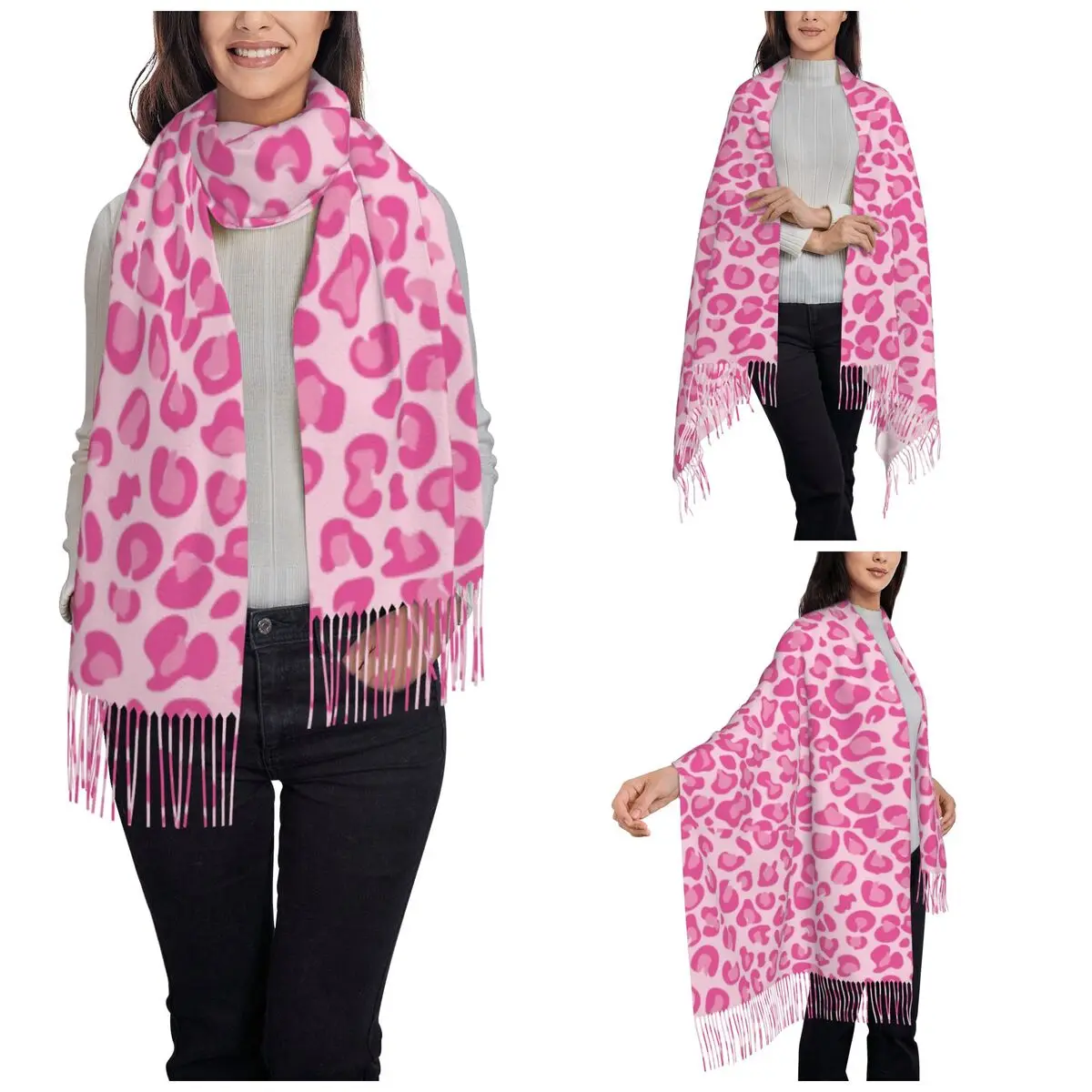 Pink Leopard Scarf for Womens Winter Fall Pashmina Shawls and Wrap Cheetah Animal Cats Long Large Scarves with Tassel Daily Wear