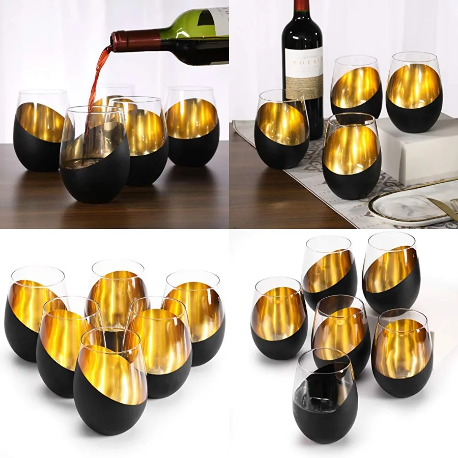 

Modern Matte Black and Gold Tilted Design Stemless Wine Glasses Tumblers - 18 oz, Set of 6