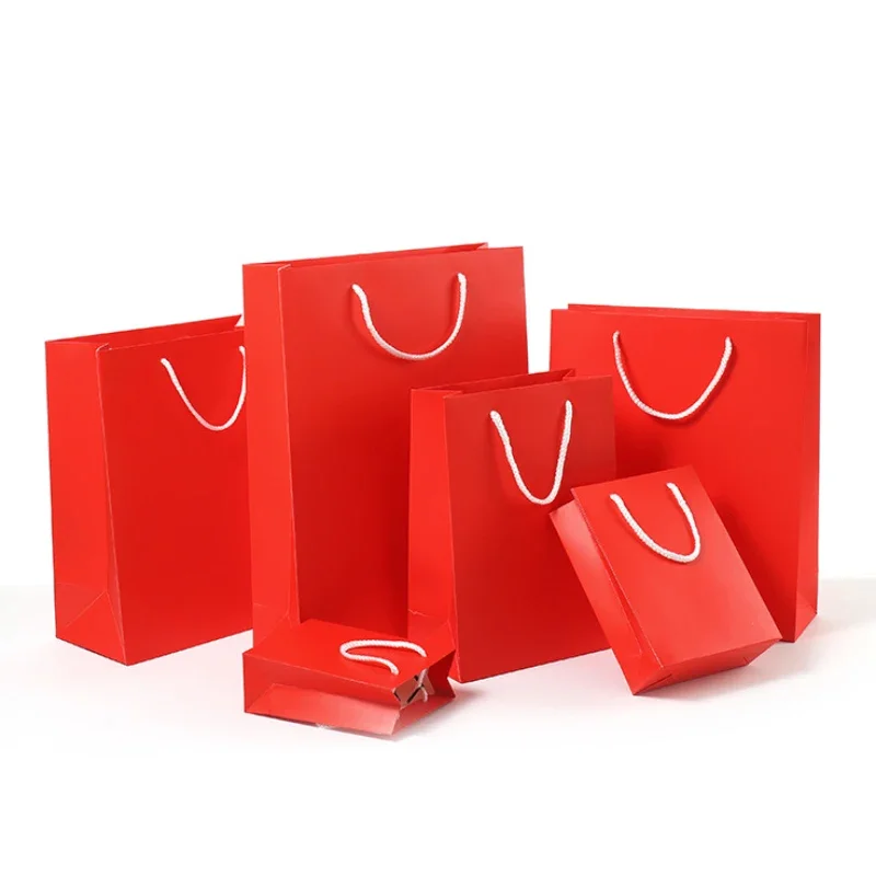 10pcs Red Paper Bag With Handle Rope Jewelry Packaging Gift Box Storage Wedding Birthday Party Wrapping Candy Vertical