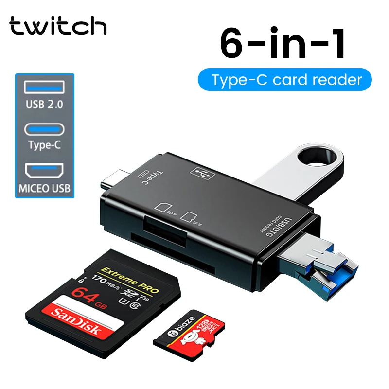 

Многофункциональный 6-в-1 OTG-адаптер для чтения карт SD, USB 2.0 Type-C/Micro, для ПК, мобильных телефонов, ноутбуков и других аксессуаров