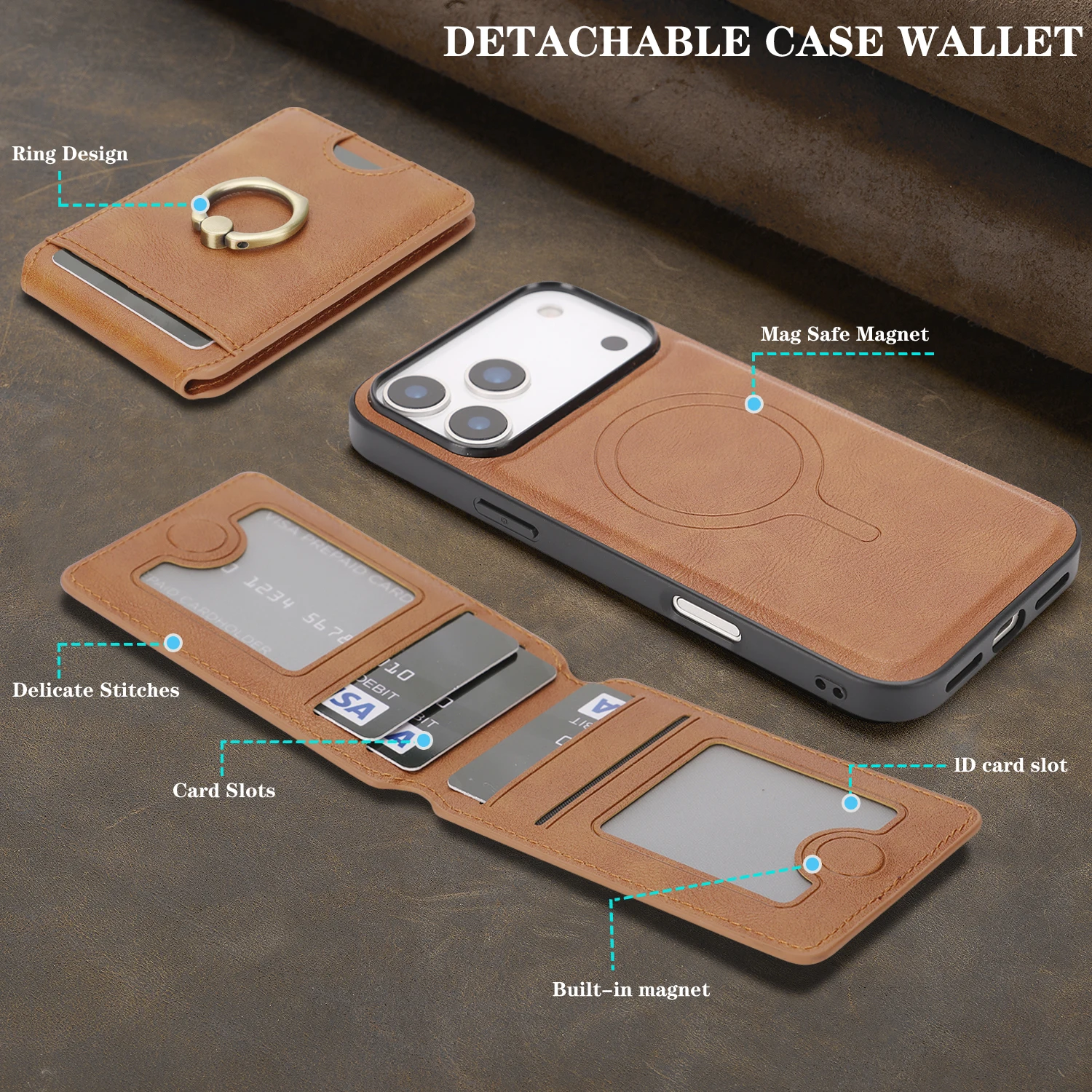 in 1 Detachable Vertical Magnetic Card Solt Ring Holder Wallet Leather Case For iPhone 17 16 Pro Max 15 Plus 14 13 12 Bag Cover view 3