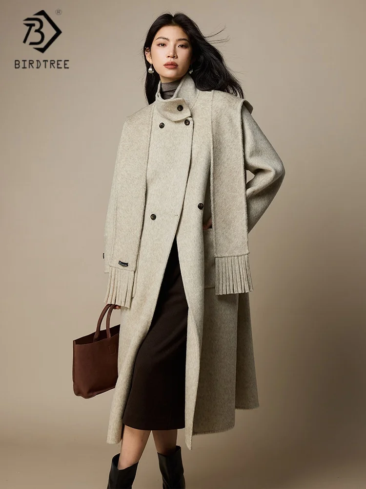 

Birdtree,100% Sheep Wool Long Cardigan,Woman Hooded Scarf Warmth Coat,Double-side Woolen,2025 Autumn Winter Overcoat T5N611JF