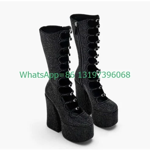 Lady Rhinestone Embellishment Sequins Mary Janes Side Zip Chunky Heel Platform Boots Cut-Out Buckle Strap Gothic Style Boots 43