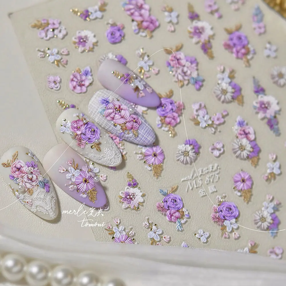 

1pcs 5D Embossed Purple Rose Daisy Peony Butterfly Nail Stickers Exquisite Chinese Embroidery Flower Nail Decal Nail Art Decor &