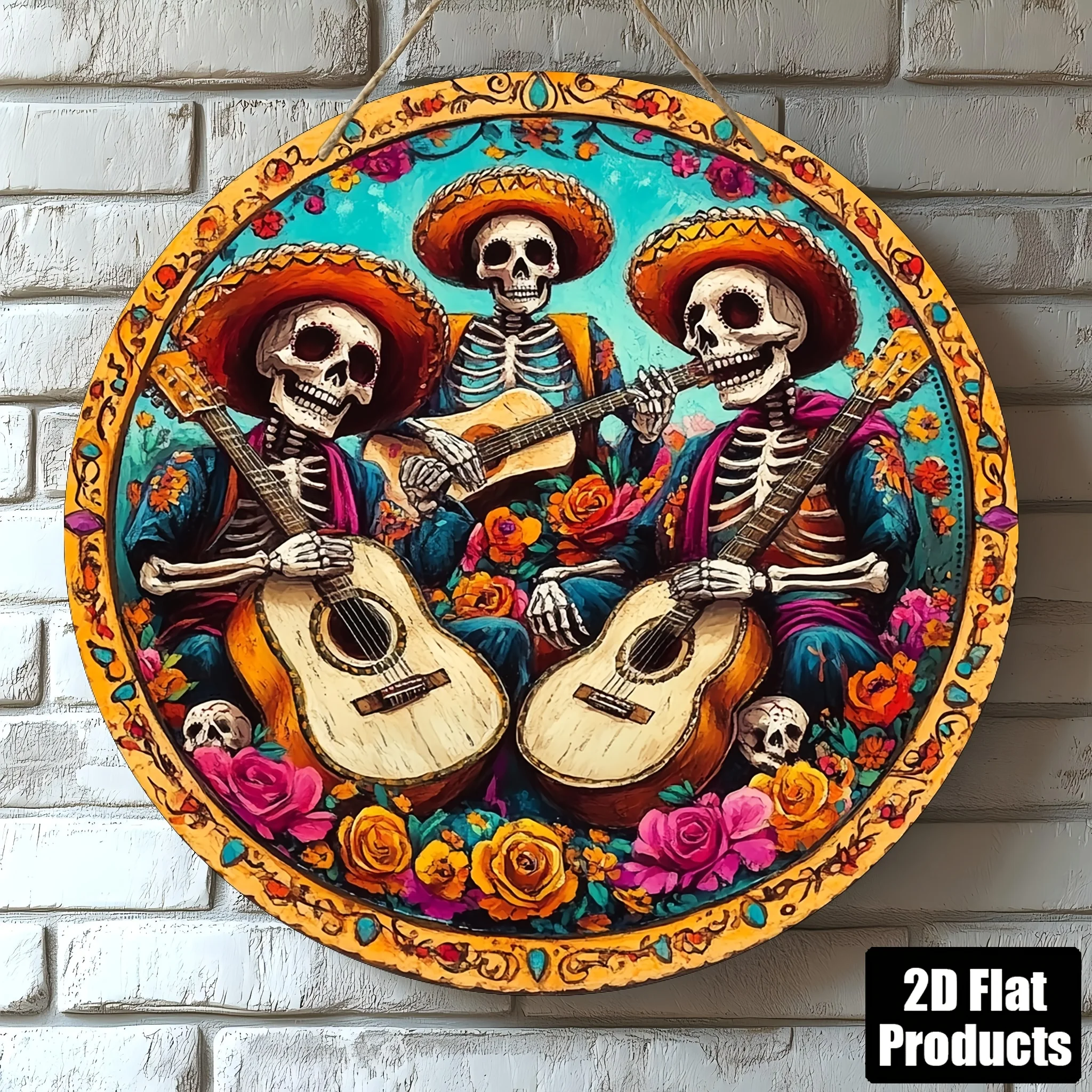 Ein flaches, kreisförmiges 2D-Holzschild mit mexikanischem Day of the Dead-Thema, geeignet für Bar, Café und Heimdekoration