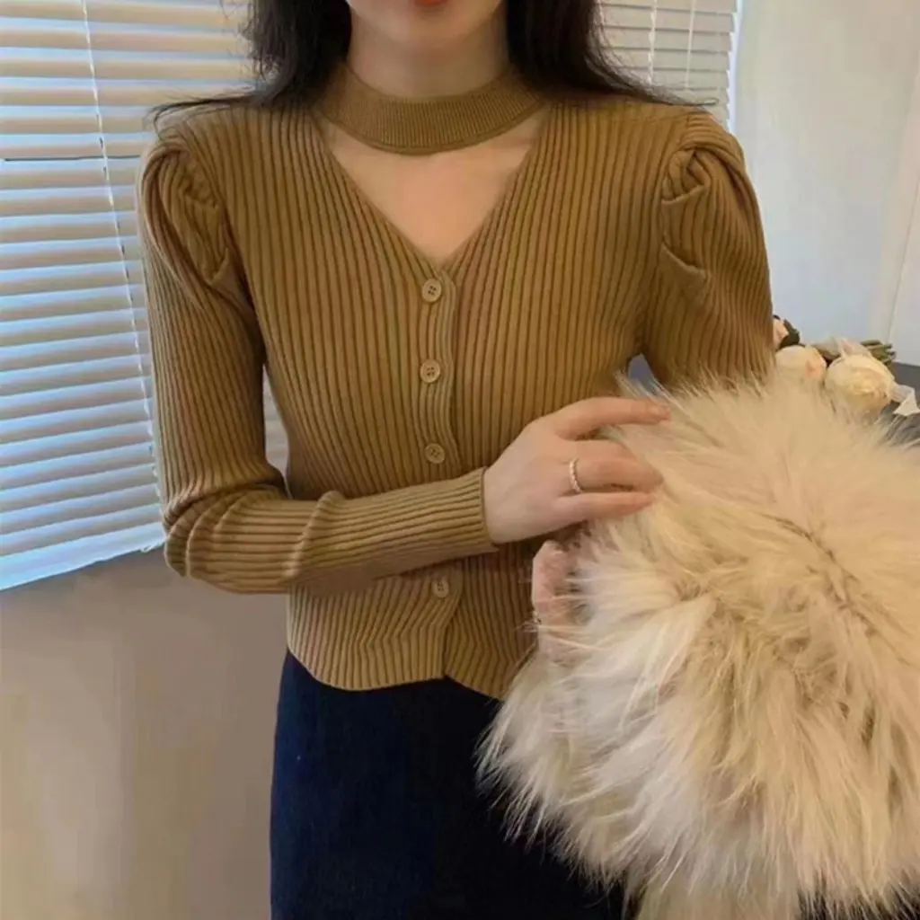 

Женский вязаный кардиган во французском стиле с пышными рукавами, модный зимний шикарный топ с лямкой на шее и v-образным вырезом, корейская версия