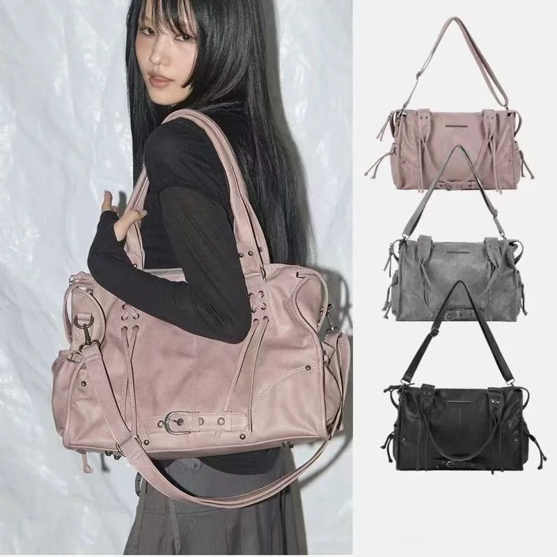 CLUB Large Capacity Retro Single Shoulder Tote Bag with Rivet Strap Motorcycle Handbag