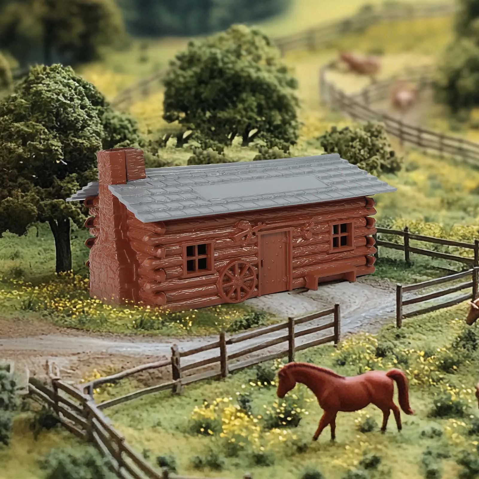Evemodel O Scale Painted Hunter's Log Cabin with Corral for Model Railroad JZO02 (Not-built)
