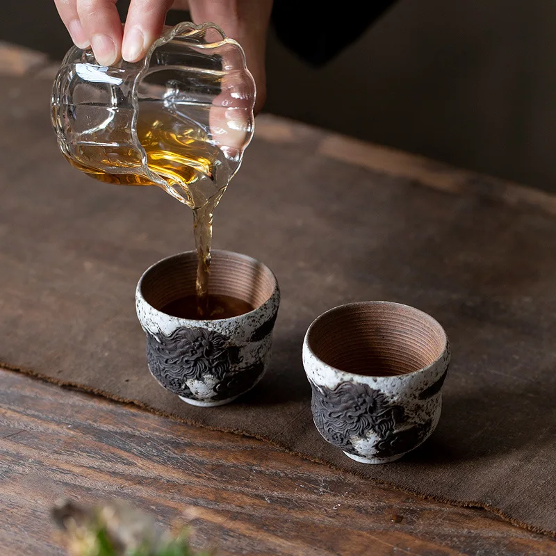 70ml Gourd Cup Japanese Old Rock Clay Powder Ceramic Tea Cup Handmade Relief Creative Personal Master Single Coarse Pottery