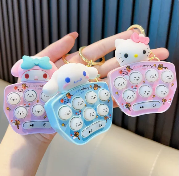 Anime Sanrio Cinnamoroll Hello Kitty Game Console Keychain Melody Kuromi Mini Handheld Whack-A-Mole Decompression keyring Gifts