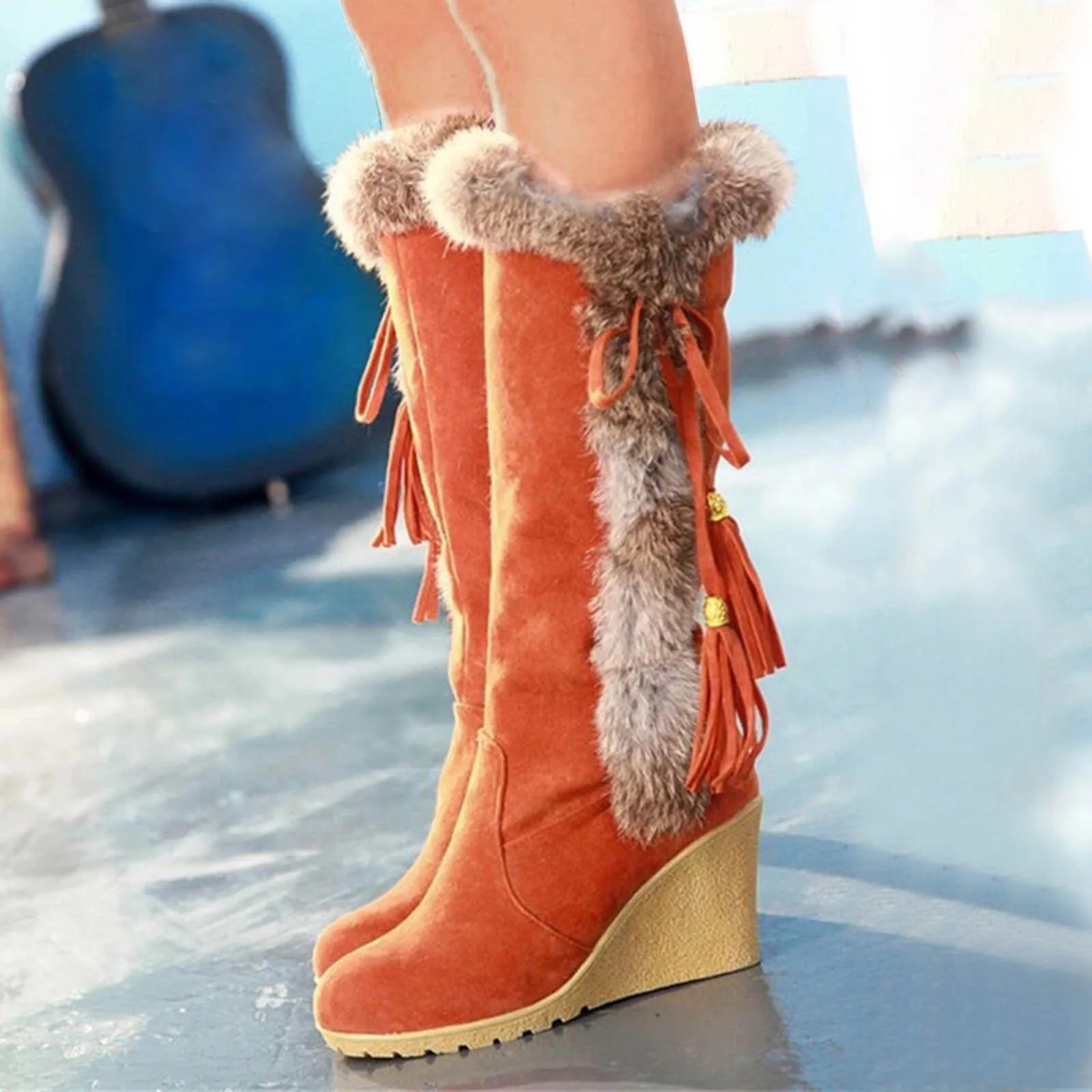 Wedge Boots Women\'s Shoes Platform Round Toe Plush Winter Footwear Booties Ladies Fashion Warm Knee High Booties 2023 New