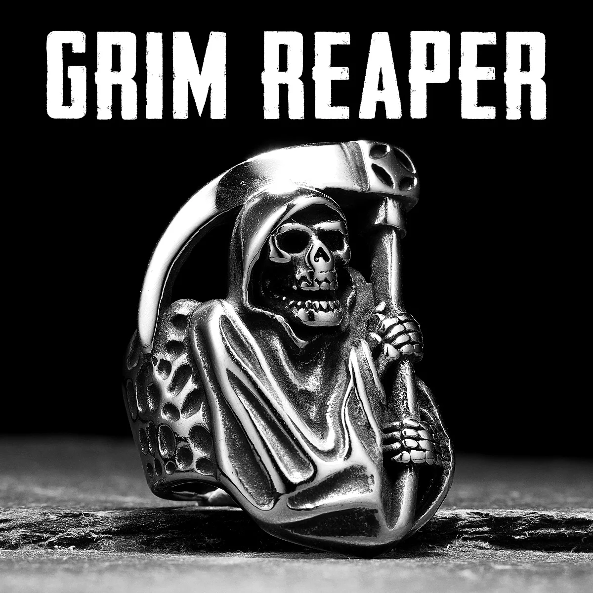 

Grim Reaper Sickle Skull Men Rings Stainless Steel Women Jewelry Punk Retro New In Rock Fashion Accessories Gift Wholesale