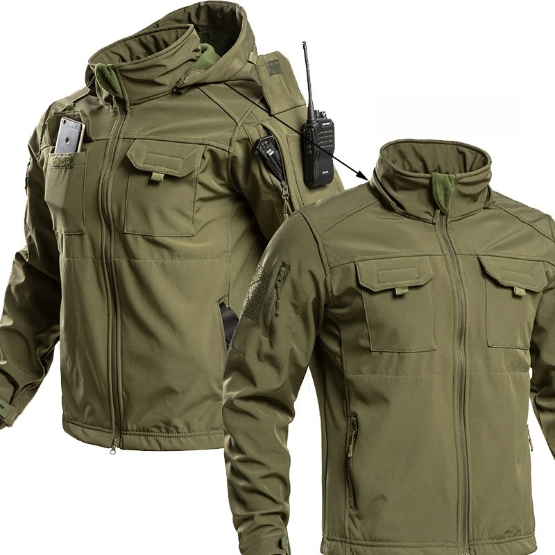 Men Thickened Tactical Jacket, Autumn Winter Warm Waterproof Multi-Pocket Outdoor Hiking Camping Coat with Detachable Hood