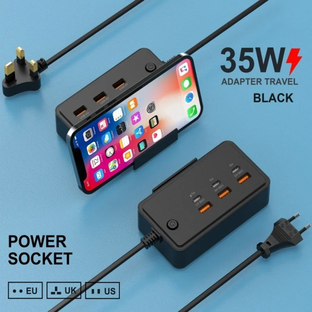 35W Multi Function Power Strip Socket 3USB 3Type C Ports Extension Charging Adapter With Telescopic Holder for iPhone Xiaomi 17