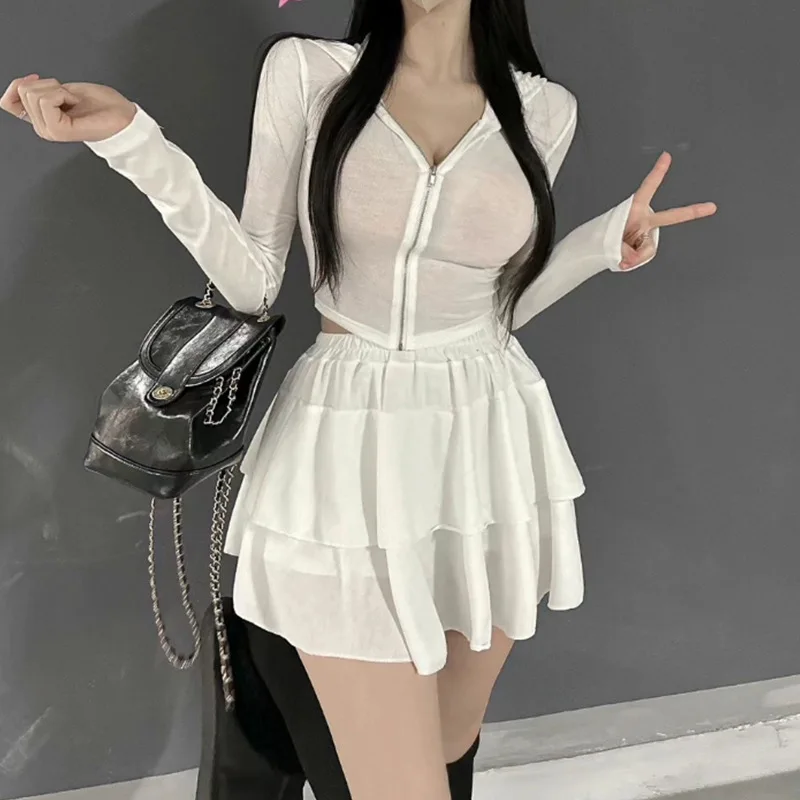 Sexy Spicy Girl Zipper Long Sleeved Short Coat+Lined Pleated Short Skirt Two Piece Set For Women Korean Style Temperament K24N