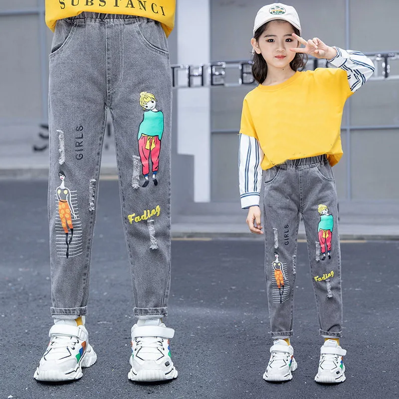 Cartoon Bear Girls Jeans Spring Autumn Children\'s Wear Girls\' Denim Trousers Teenage Kids Casual Loose Pants 2 4 6 8 10 12 Years