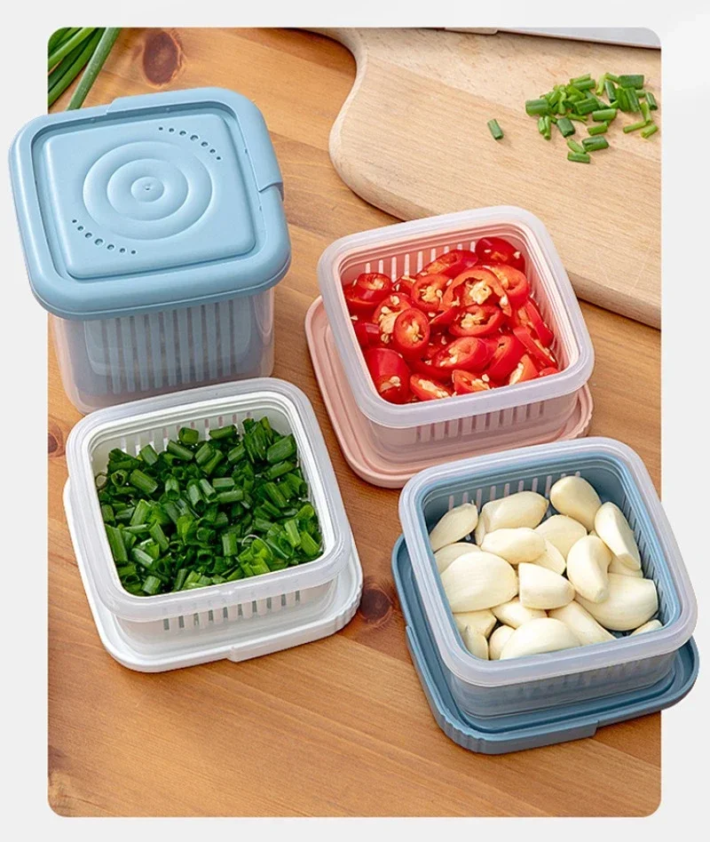 Double Layer Vegetables Sealed Keeper Fresh Storage Box With Drain Basket Refrigerator Use Draining Crisper Strainers Container