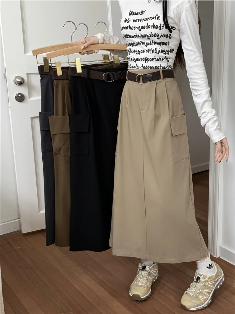 

Cargo Skirts for Women Vintage Street Fashion Elastic Back Waist Skirts Casual A-line Work Skirt Loose Midi Skirt Pockets Skirt