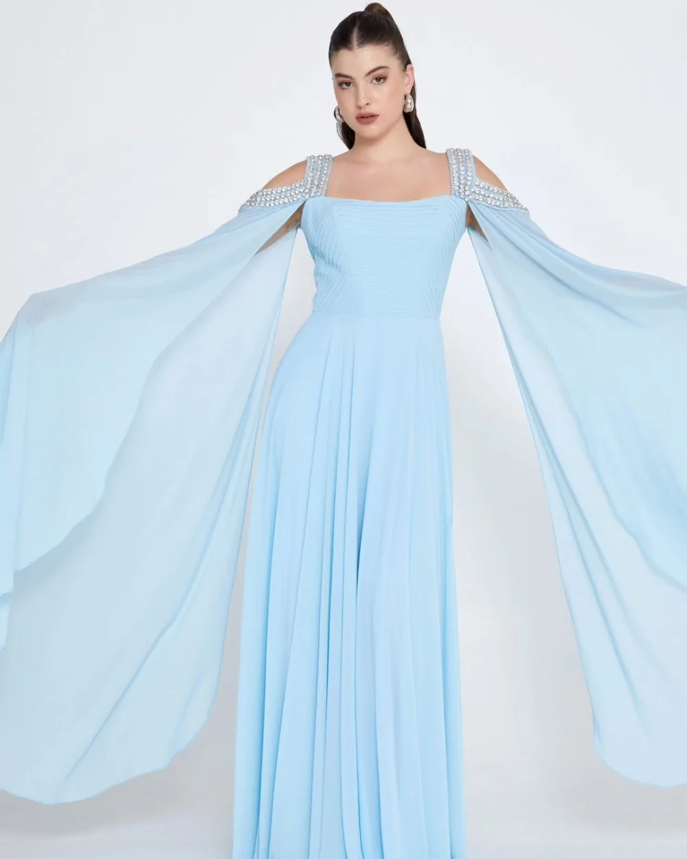 Customized Intricate Exquisite Chiffon Pleat Rhinestone A-line Square Neck Long Dresses Evening Dresses Sizes Available Fashion