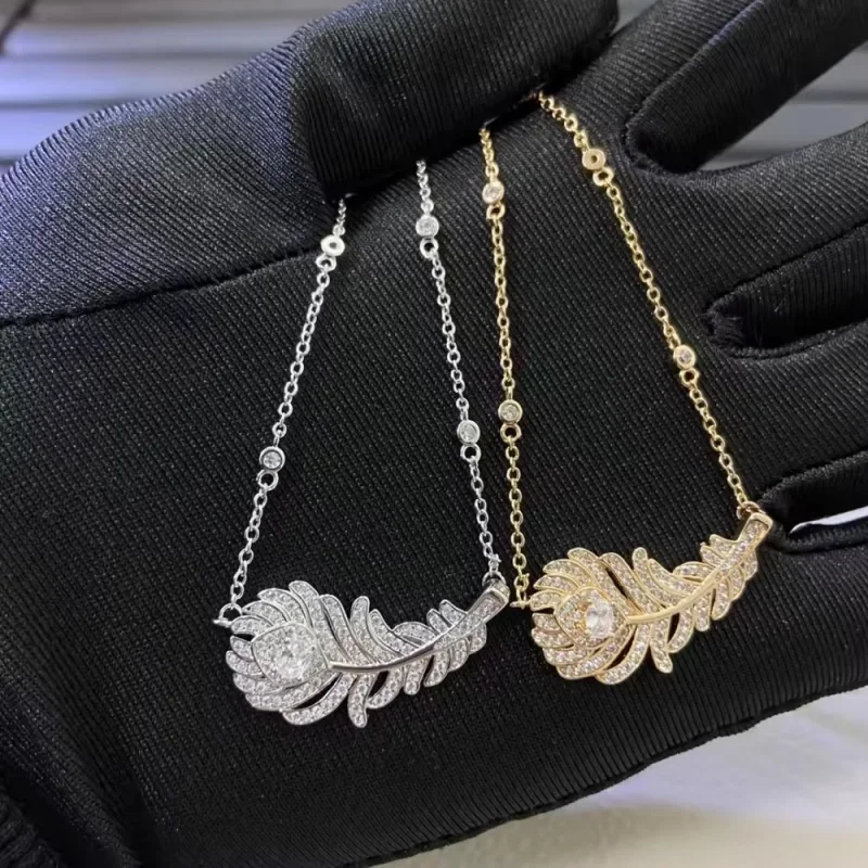 Women's 925 Silver Gold-Plated Diamond Feather Ring Necklace