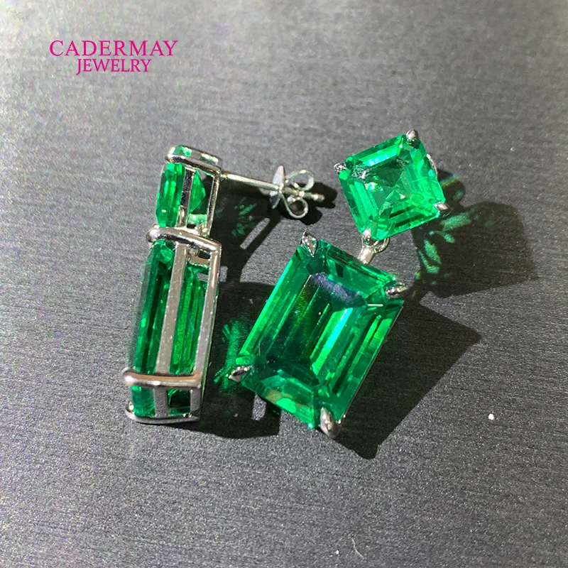 925 Silver Lab Grown Emerald Dangle Earrings Square & Rectangle Cut Green Gemstone Drop Earrings Bridal Earrings for Women