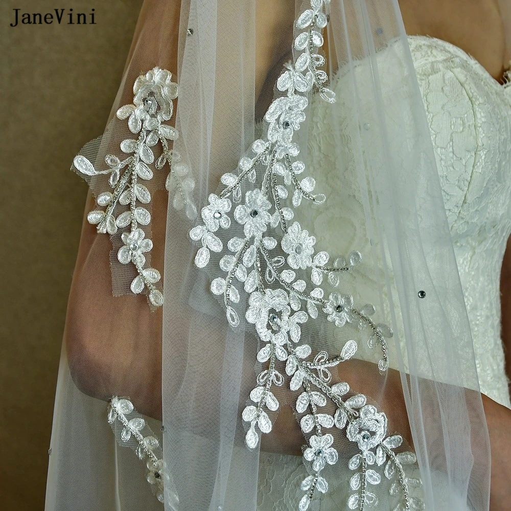 JaneVini-Elegante Coreano Marfim Véus De Noiva Com Pente, 1 Tier Lace Applique, Cristal Macio Tulle Veil, Acessórios Do Cabelo Do Casamento