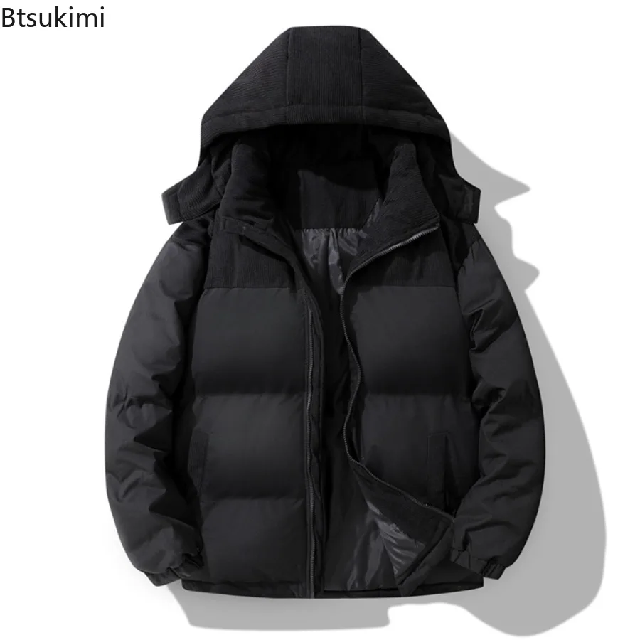 New 2025 Men's Fashion Solid Color Warm Windproof Hooded Parkas Winter Fleece Cotton Coat Loose Jacket Warm Casual Sports Jacket