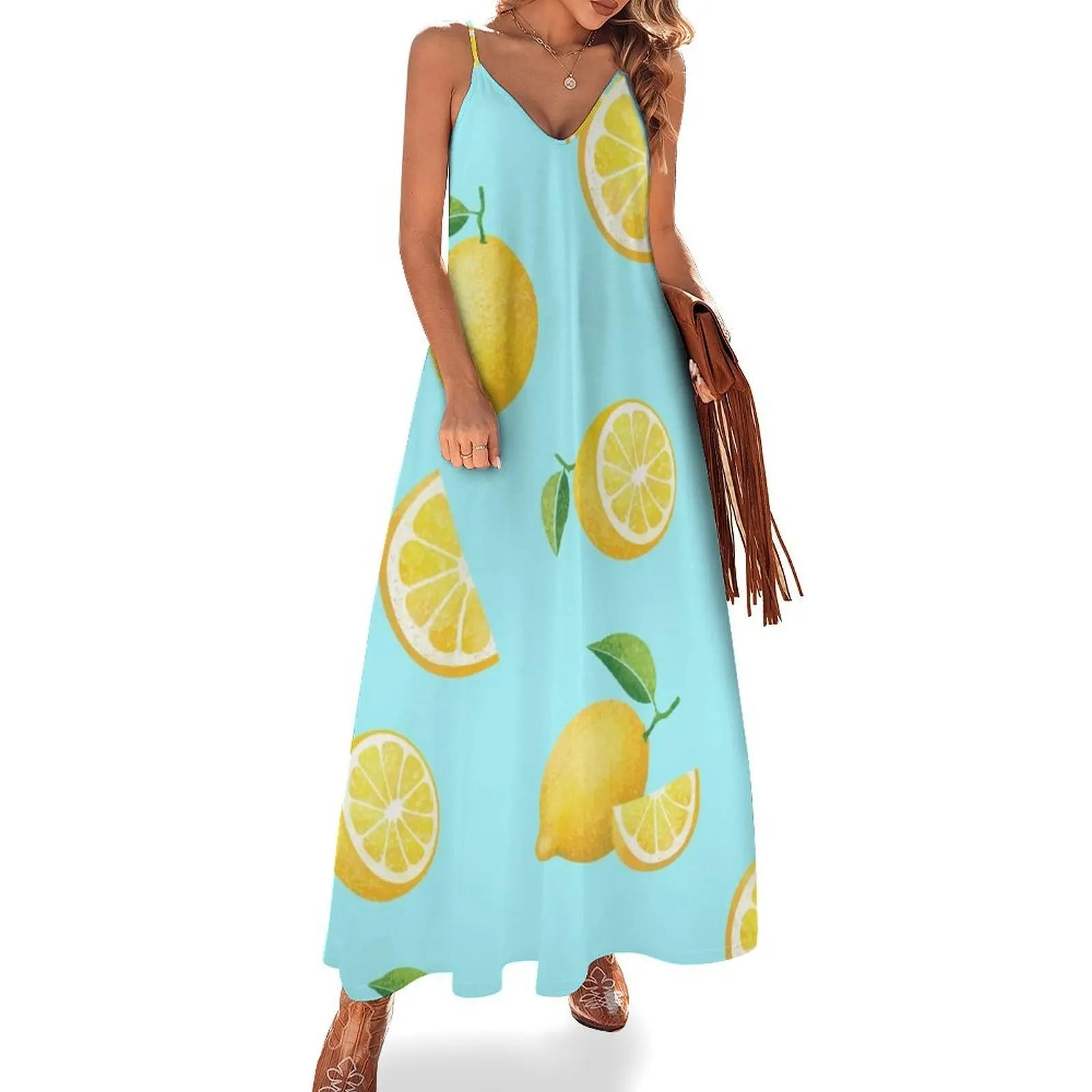 

Lemons on Blue Sleeveless Dress clothes for woman women's summer dress 2024 women's clothing trend 2024