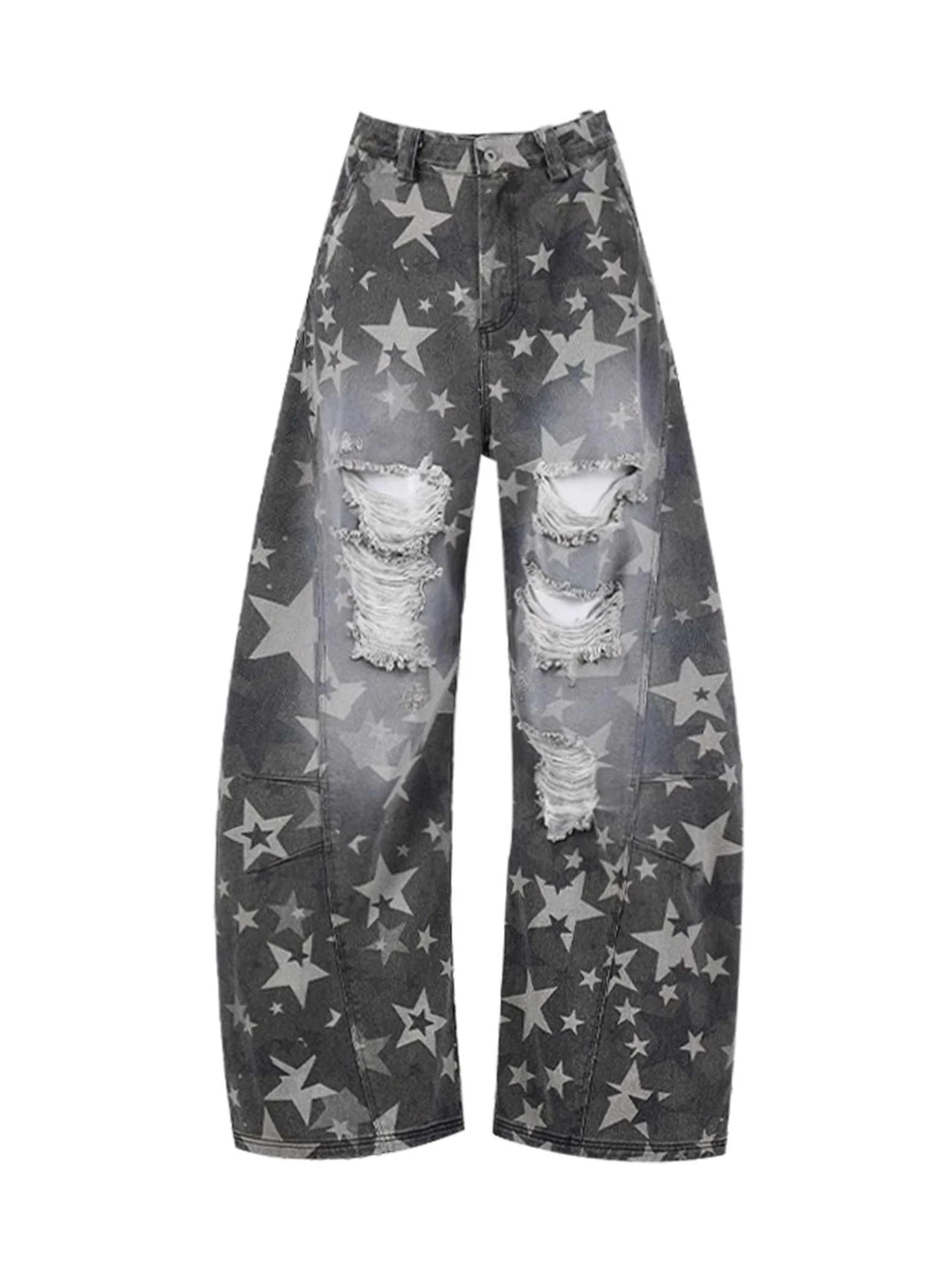 Damskie szare luźne jeansy Y2k z dziurami Harajuku vintage spodnie jeansowe japoński styl lat 2000 oversize z nadrukiem gwiazd spodnie odzież