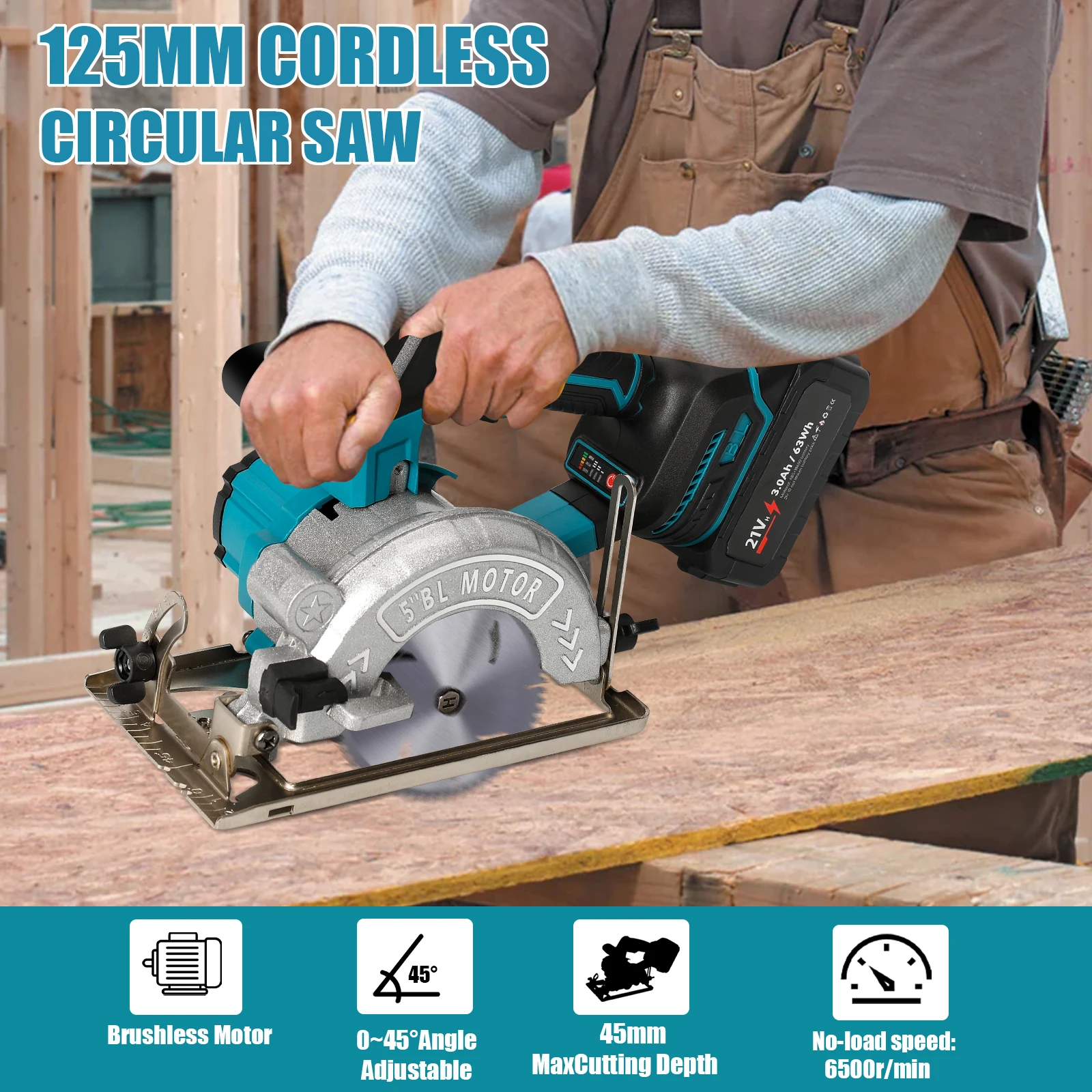 5 بوصة 125 مللي متر فرش منشار دائري كهربائي قابل لإعادة الشحن عالي الطاقة أداة قطع النجارة اللاسلكية لبطارية ماكيتا 18 فولت #5