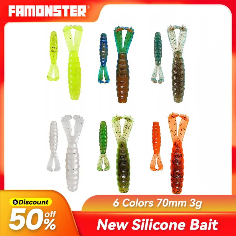 

Famonster Fishing Lure Worm Soft Silicone Bait 70mm3g DoubleT Tail Jigging Wobblers Shrimp Artificial Bass Swimbait Plastics