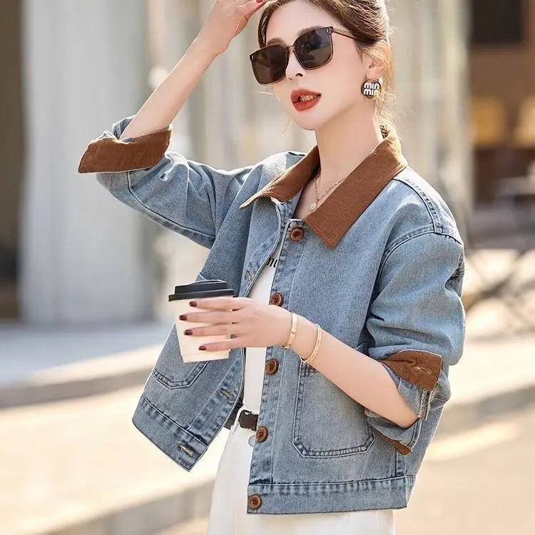 Retro Short Spliced Denim Jacket New Contrasting Color Small Jacket Popular Top