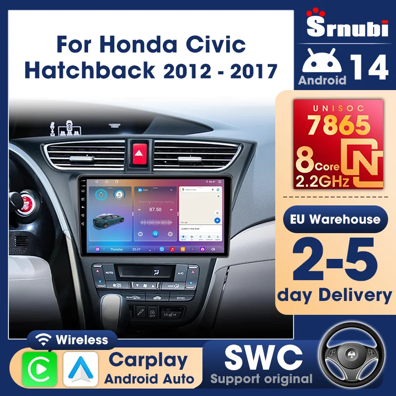 Srnubi 2 Din Carplay per Honda Civic Hatchback 9 FK FB 2012 - 2017 Android Auto Multimedia 4G WIFI Navigazione GPS Schermo HD QLED