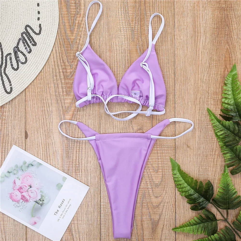 Purple Sling Bikini Splicing Swimsuit Y2K Women Backless String Triangle Swimwear Two Piece Micro Tangas Brazil Beach Bath Suits