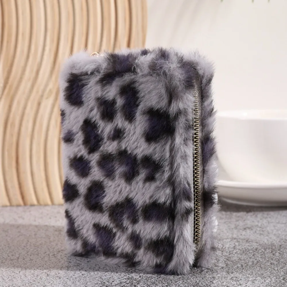 Y2K Furry Leopard Print Coin Purse Large Capacity Soft Zipper Wallet Travel Organizer Multi-Card Slot Storage Bag Daily Use