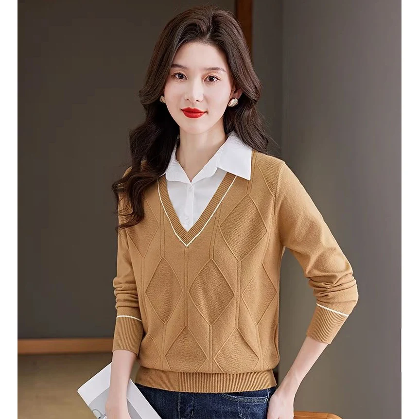 Fashion Lapel Knitted Spliced Fake Two Pieces Blouses Women's Clothing 2024 Autumn Winter New Loose Casual Tops Commuter Shirts