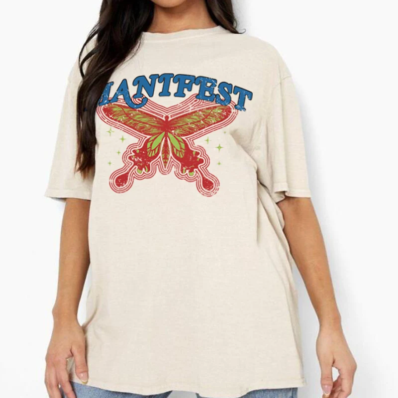 Manifest Butterfly Retro Graphic Tshirt Women Cotton Plus Size Hippie Boho T-Shirts Positive Quotes 70s Vintage Tee Shirt Tops