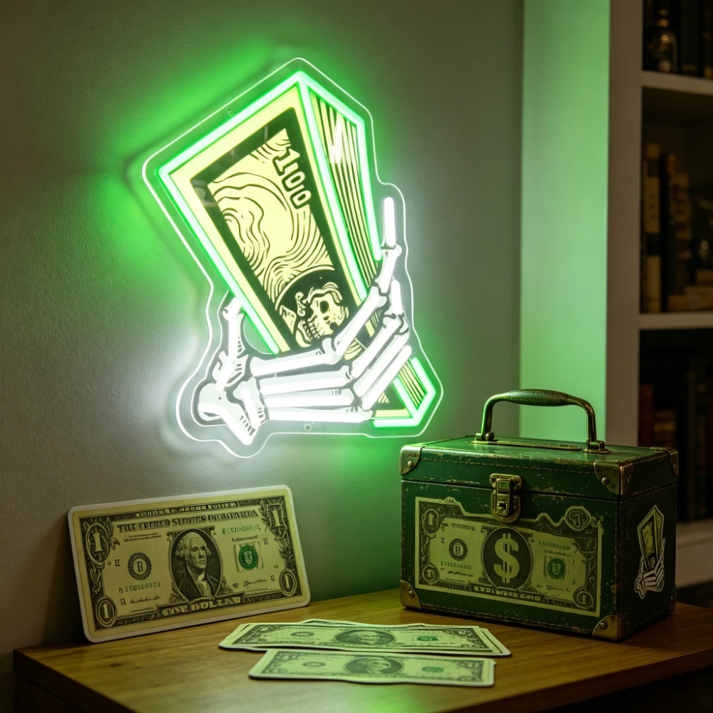Skeleton Hand Holding Dollar Neon Light for Wall Decor Dimmable Neon Sign for Bar Shop Man Cave Studio Trendy Cafe Indoor Decor