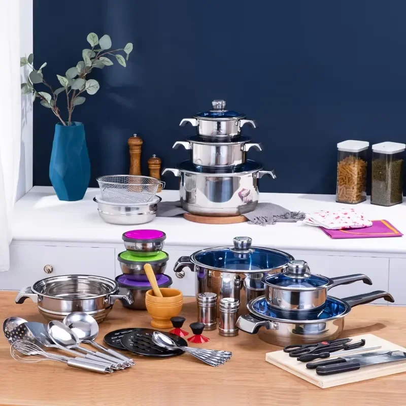 Modern stainless steel cookware set with glass cover for durable kitchen cookware