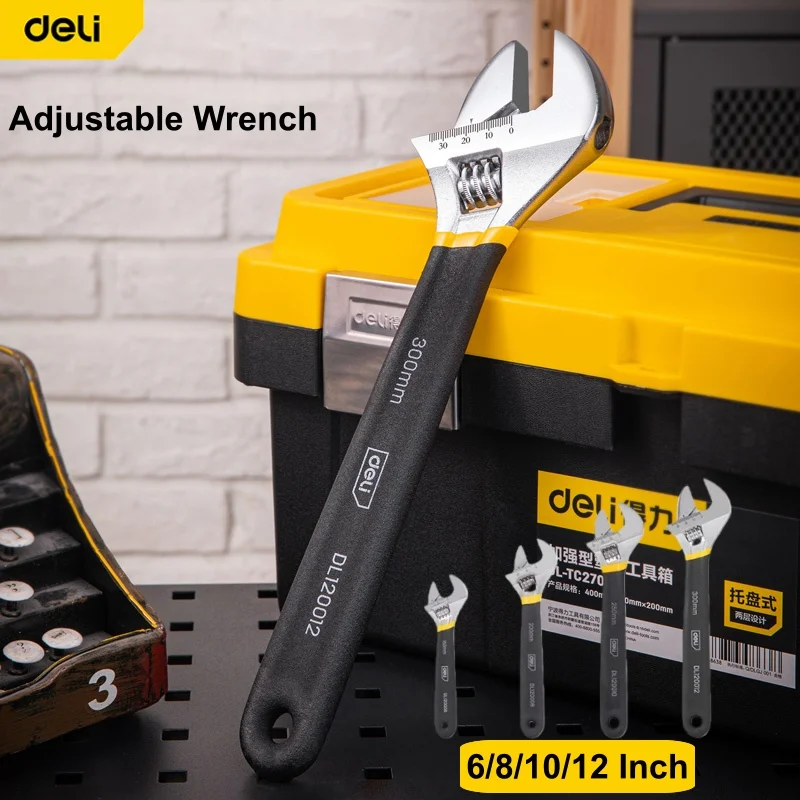 Deli Adjustable Wrench Large Opening Long Handle Universal Spanner Dip Plastic Carbon Steel Mechanical Workshop Hand Repair Tool