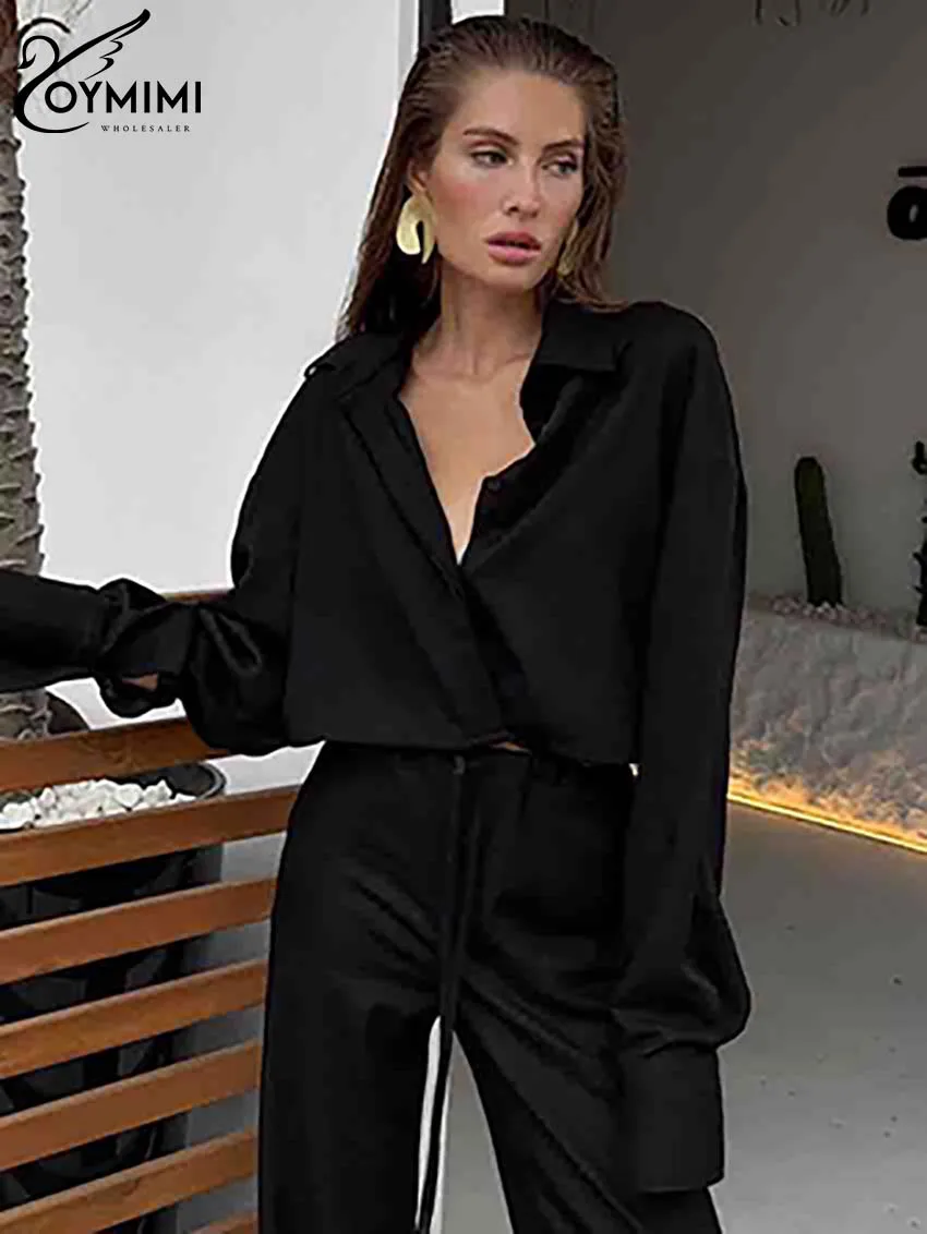 Oymimi Fashion Black Cotton Women 2 Piece Set Outfit Elegant Long Sleeve Button Crop Shirts And Drawstring Straight Pants Sets